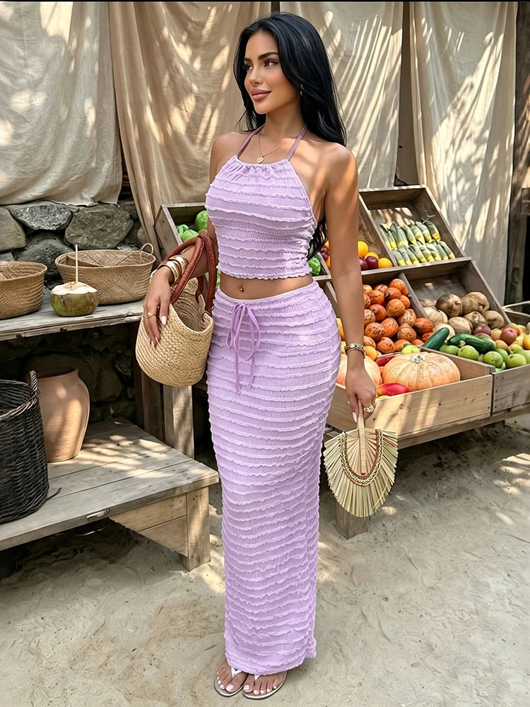 Ruffled Edge Halter Backless Two-Piece Set for Women
