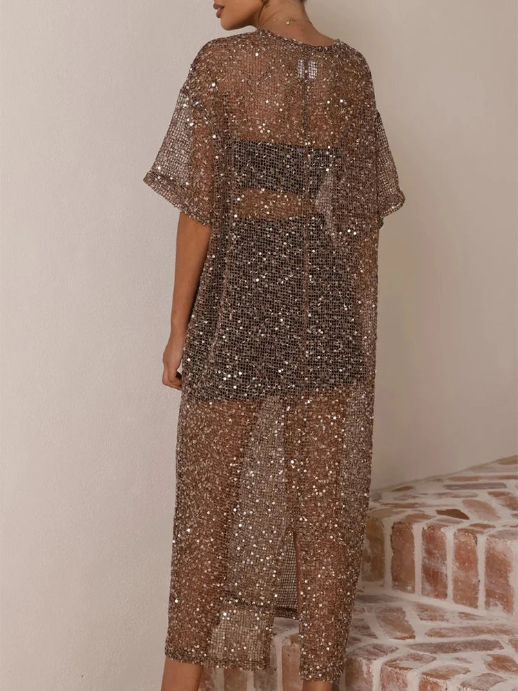 Casual Loose Hollowed Out Sequin Maxi Dress for Women