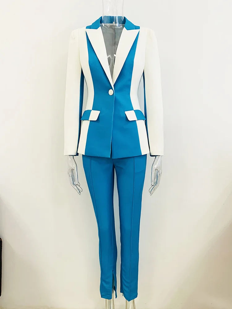 HIGH STREET Newest 2025 Designer Runway Suit Set Women's Contrast Color Block Blazer Pencil Pants Suit 2pcs