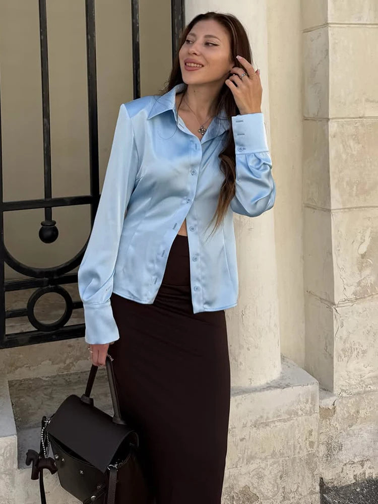 Elegant Satin Long Sleeve Button-Up Shirt for Women