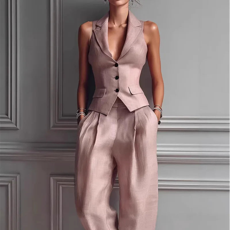 Sleeveless Single Breasted Vest and Pants Set for Women