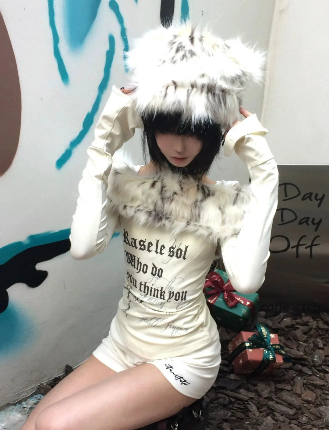 Karrram Japanese Y2k Fur Collar Tops 2000s Aesthetics Off Shoulder Knit Tops Vintage Harajuku Letter Print Long Sleeve T-shirt