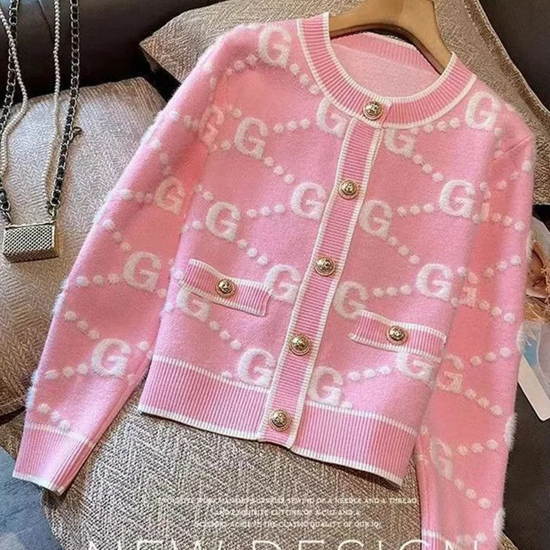Autumn Winter Sweet Buttons O-neck Sweater Femme Fashion Letter Patchwork Knitting Cardigan Fashionable Coat Top Tee Women's