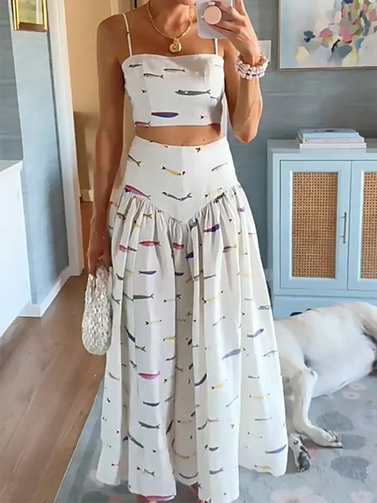 Lady Summer Pattern Printed Beach Outfit New 2025 Fashion Hollow Sleeveless Sling 2pc Set Elegant Pleated Long Skirt Party Suit