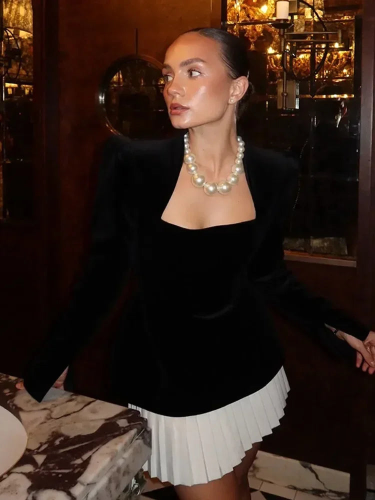 Elegant Splicing Velvet Women Pleated Skirt Chic Long Sleeved Waist Slimming Square Neck Dress Lady Party Vacation Dresses