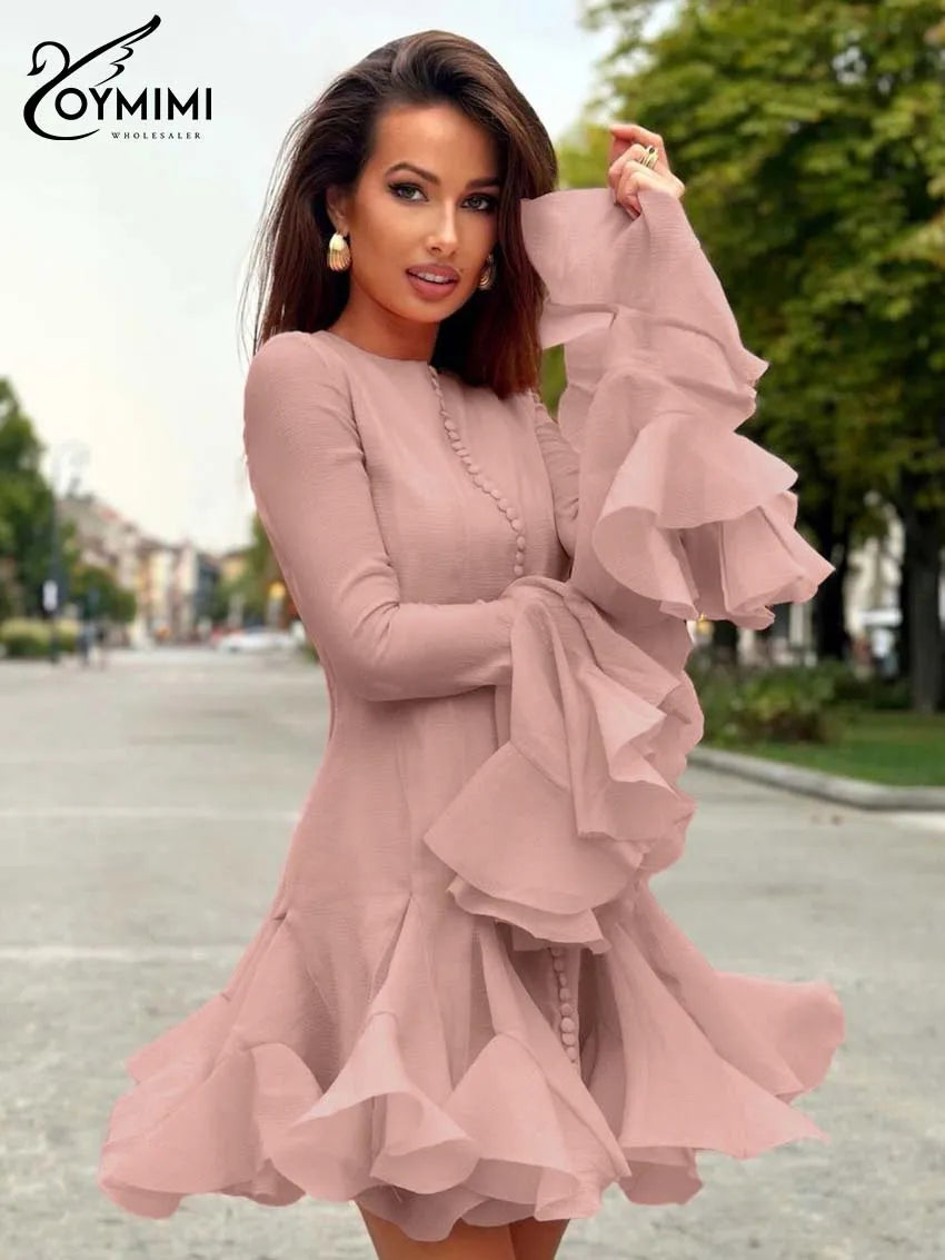 Oymimi Casual Pink O-Neck Women's Dress Fashion Petal Sleeve Single Breasted Solid Dresses Elegant High Waist Pleated Mini Dress