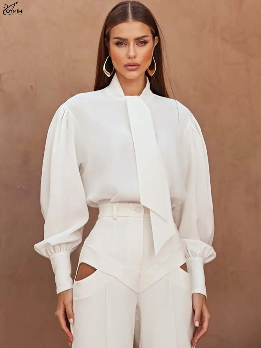 Oymimi Fashion White Lace-Up Neck Women's Shirt Casual Long Sleeve Single Breasted Blouses Elegant New Solid Loose Blouses 2025