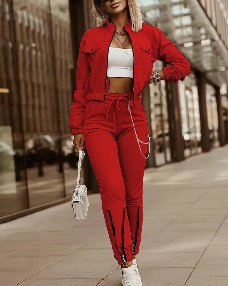 Zipper Long Sleeve Top And Drawstring Pants Set for Women