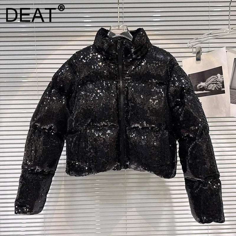 Shiny Sequin Stand Collar Padded Winter Jacket For Women