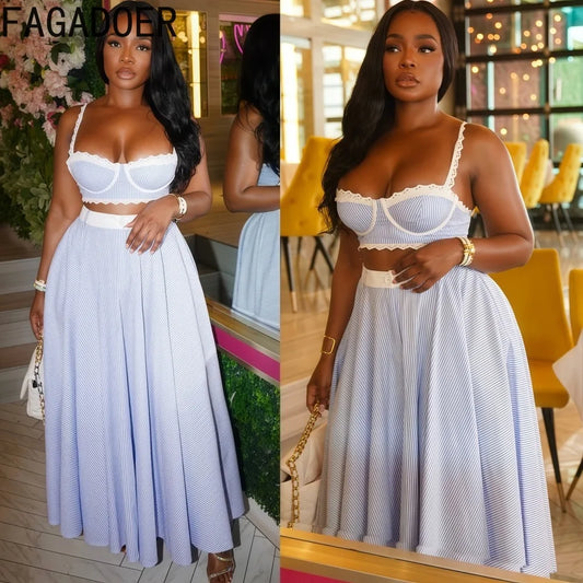 FAGADOER Elegant Lace Patchwork 2 Pieces Set for Woman Spaghetti Strap Stripes Camisole and Skirt Female Streetwear Vestidos New