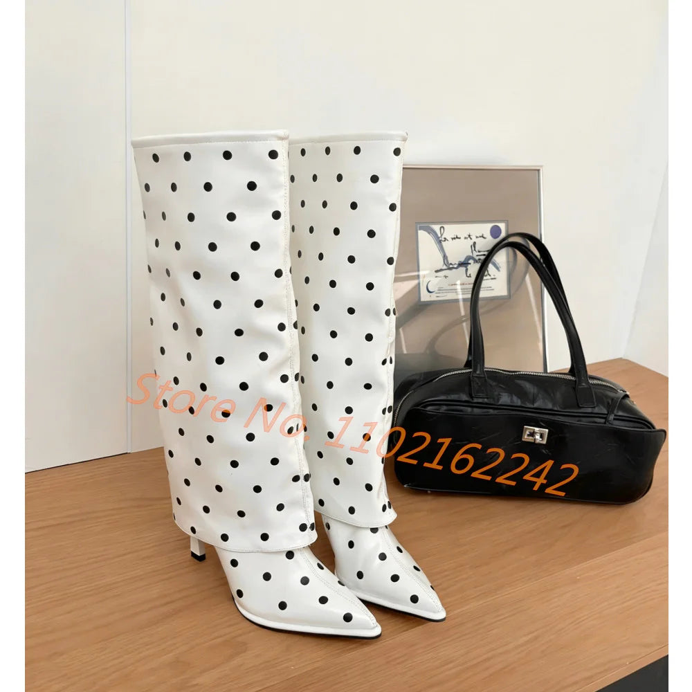 Polka Dot Pointed Toe Stiletto Knee High Boots for Women