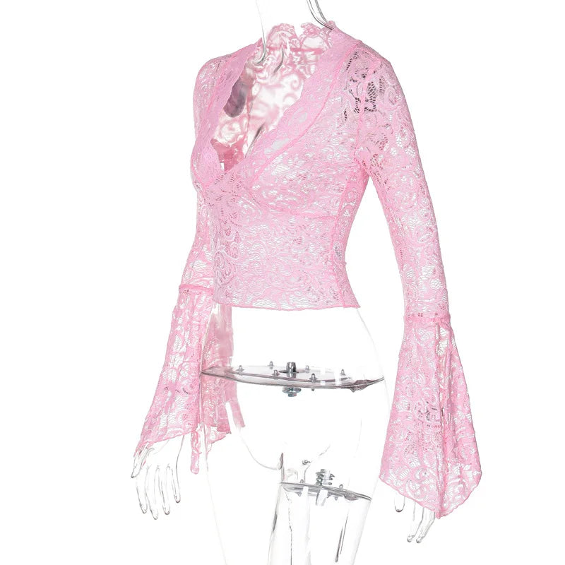 Aesthetic Lace Top Women Sexy Clothing See Through Deep V Neck Flared Long Sleeve T Shirts Party Clothes Clubwear