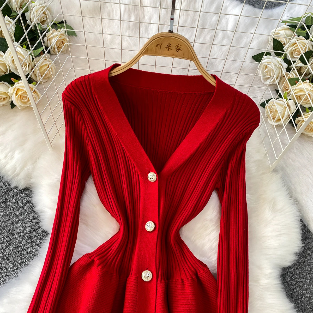 V Neck Knit A Line Long Sleeve Mini Dress for Women