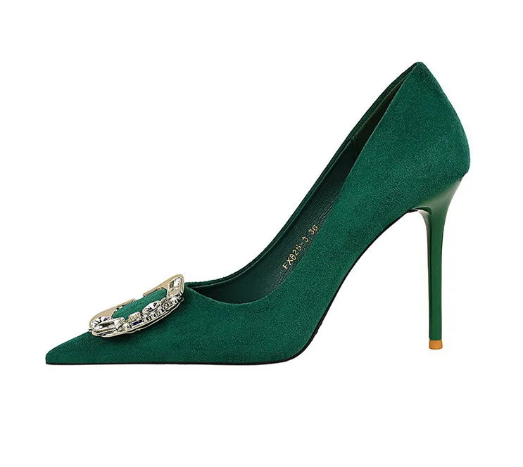 Elegant Rhinestone Buckle Suede High Heel Pumps for Women