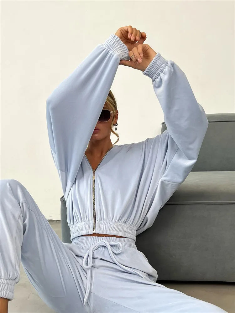 Hooded Zipper Hoodie and Trouser Tracksuit Set for Women