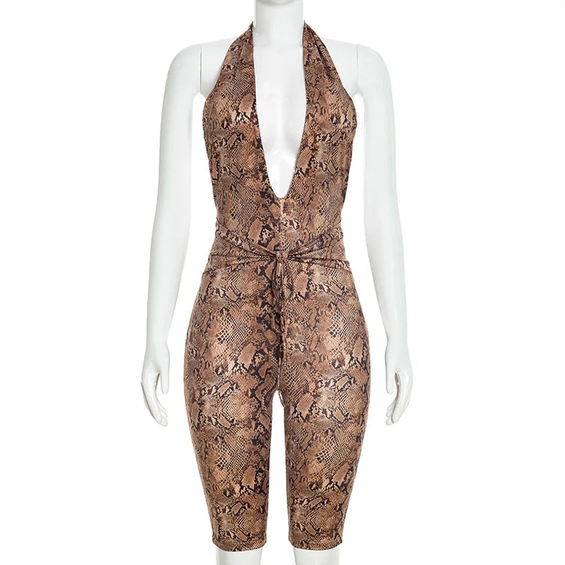 Sexy Halter Backless Patchwork Python Print Bodycon Jumpsuit for Women