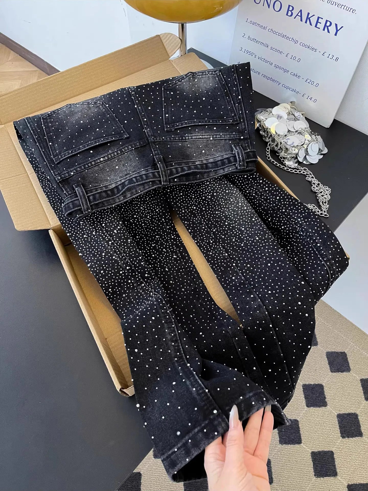 Glittering Rhinestone Wide Leg Denim Pants for Women