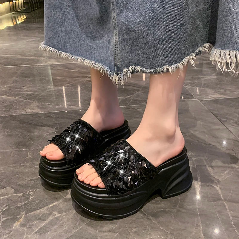 Metallic Sequined Platform Wedge Sandals for Women