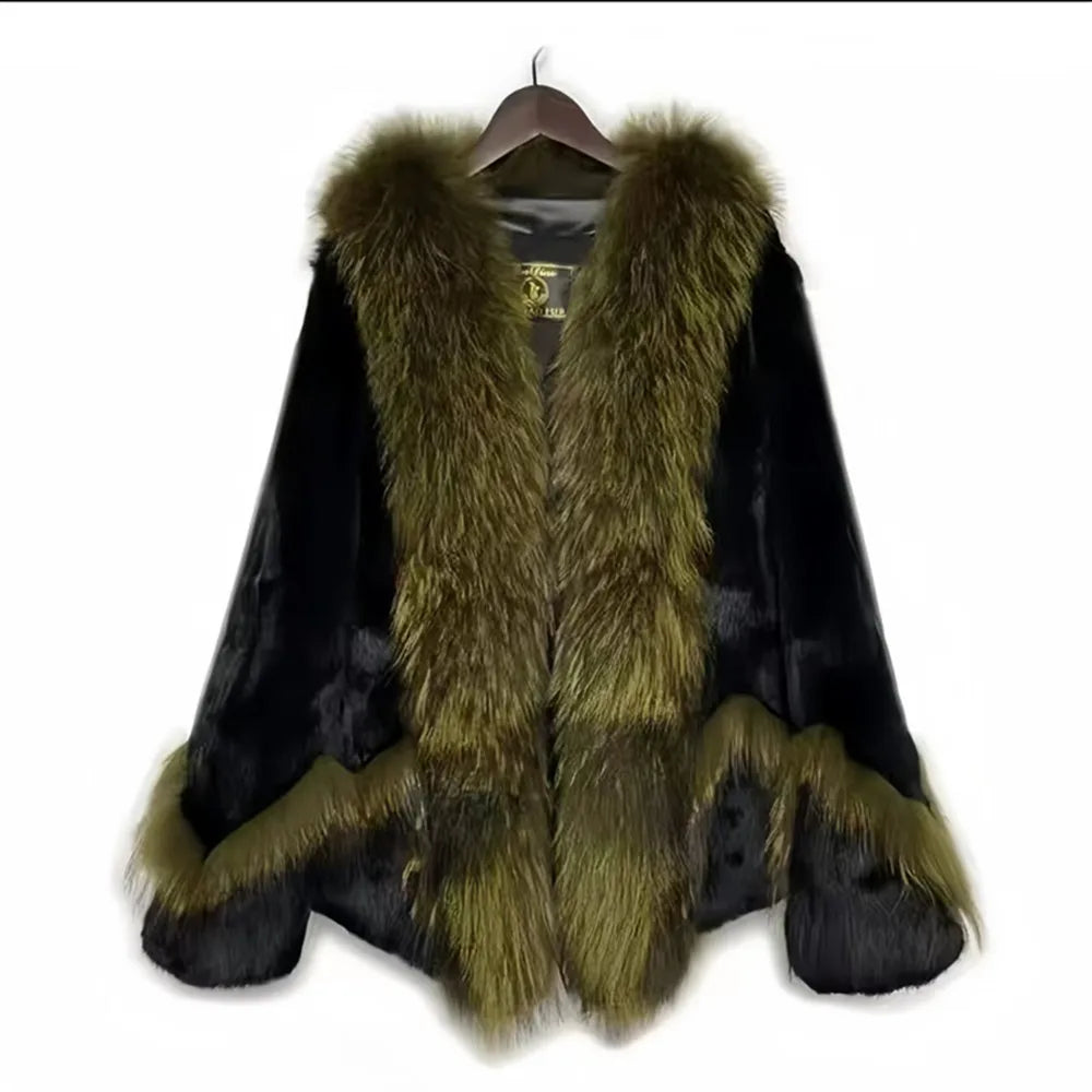 Real Rex Rabbit Fur Coat Women Autumn Winter Short Jacket Thick Warm New Raccoon Dog Fur Collar Elegant Female Warm Outerwear