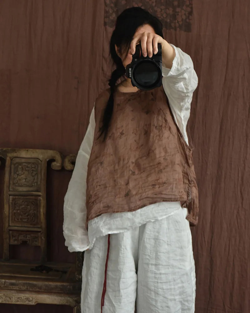Casual Linen Tank Top With Vintage Floral Print for Women
