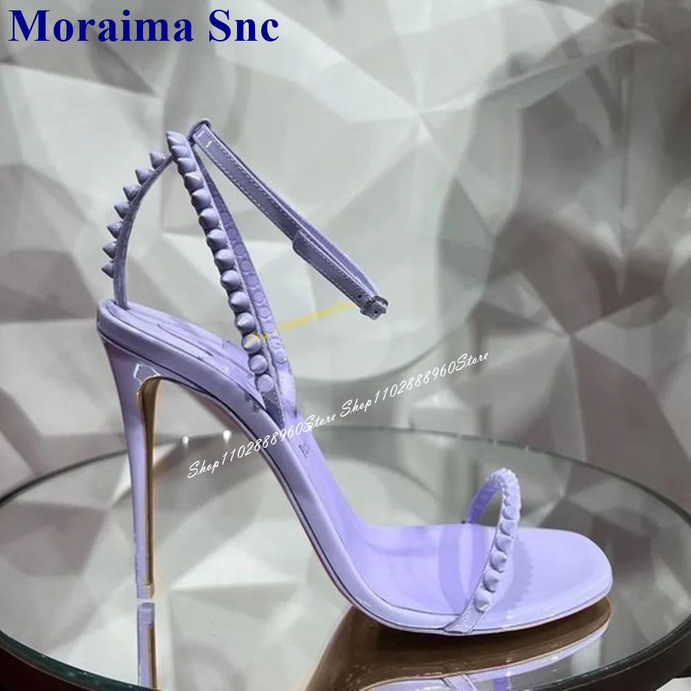 Purple Rivet Open Toe Sandals With Thin High Heel And Ankle Strap For Women