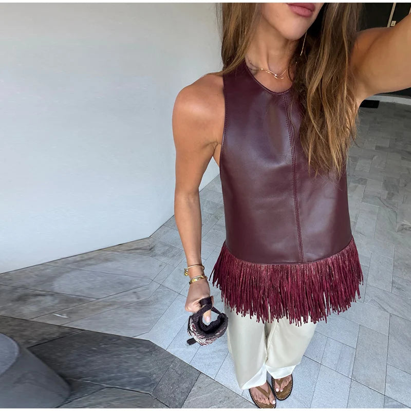 Faux Leather Patchwork Fringe Halter Top for Women