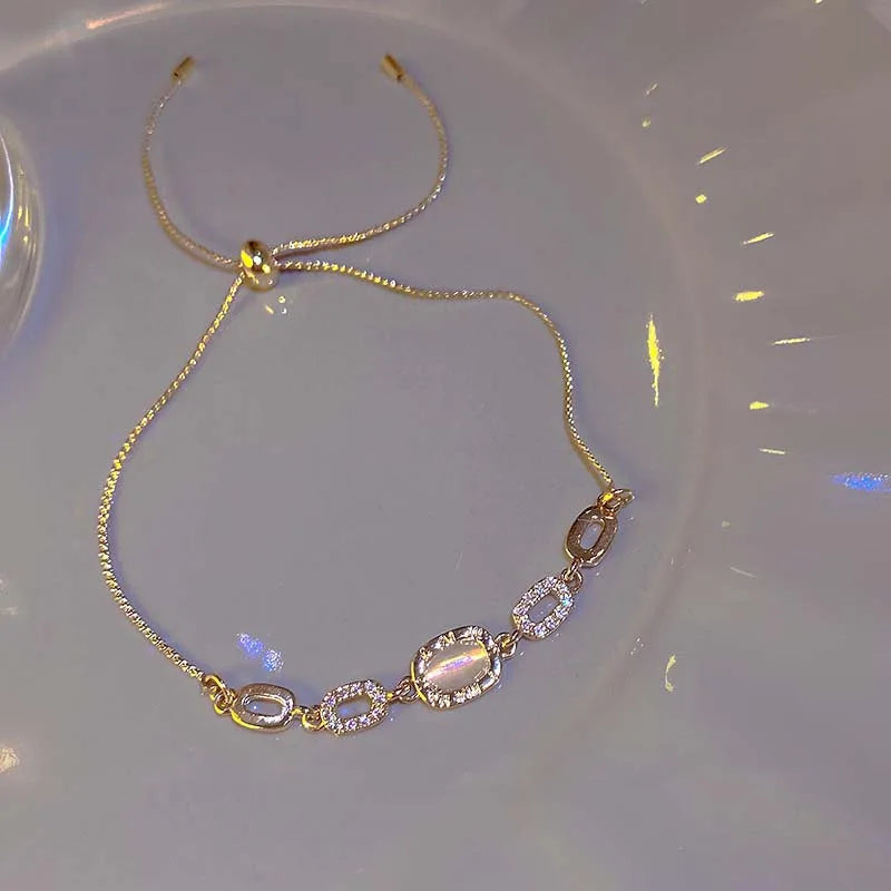 Gold Tone Square Opal Chain Bracelet