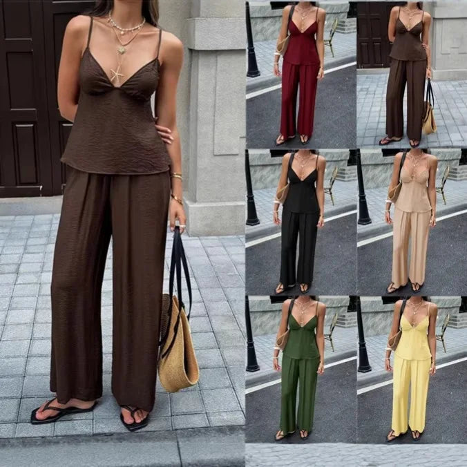 Solid Color V Neck Spaghetti Strap Cami Set for Women