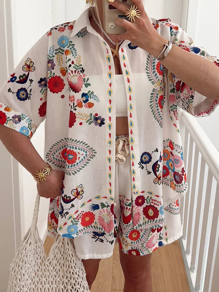 Women Cardigan Top Shorts Two Pieces Sets, Summer Holiday Fashion Half Sleeve Chic Outfit, 2025 Print Elastic Waist Ladies Suits