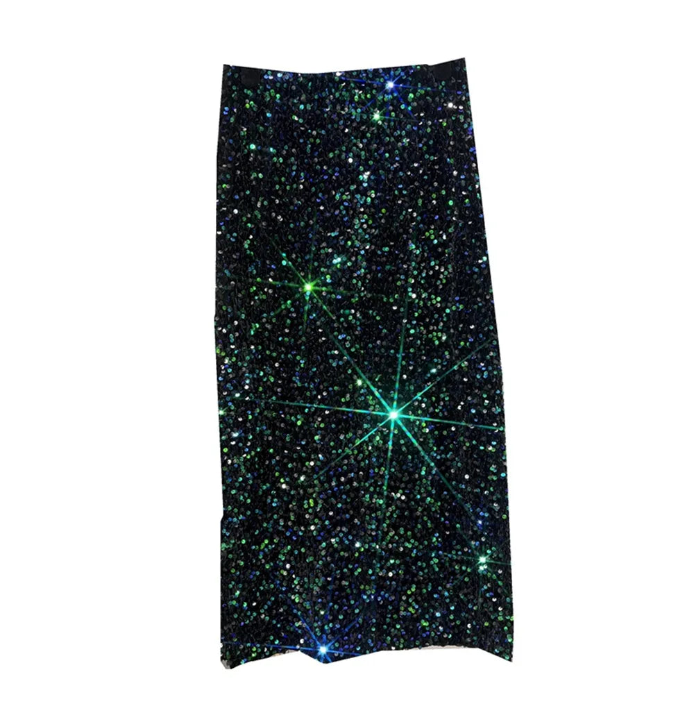 Blingbling New Autumn Winter All-match Mid-long Bodycon Skirt Colorful Sequins Elastic High Waist Slimming Lady Pencil Skirts