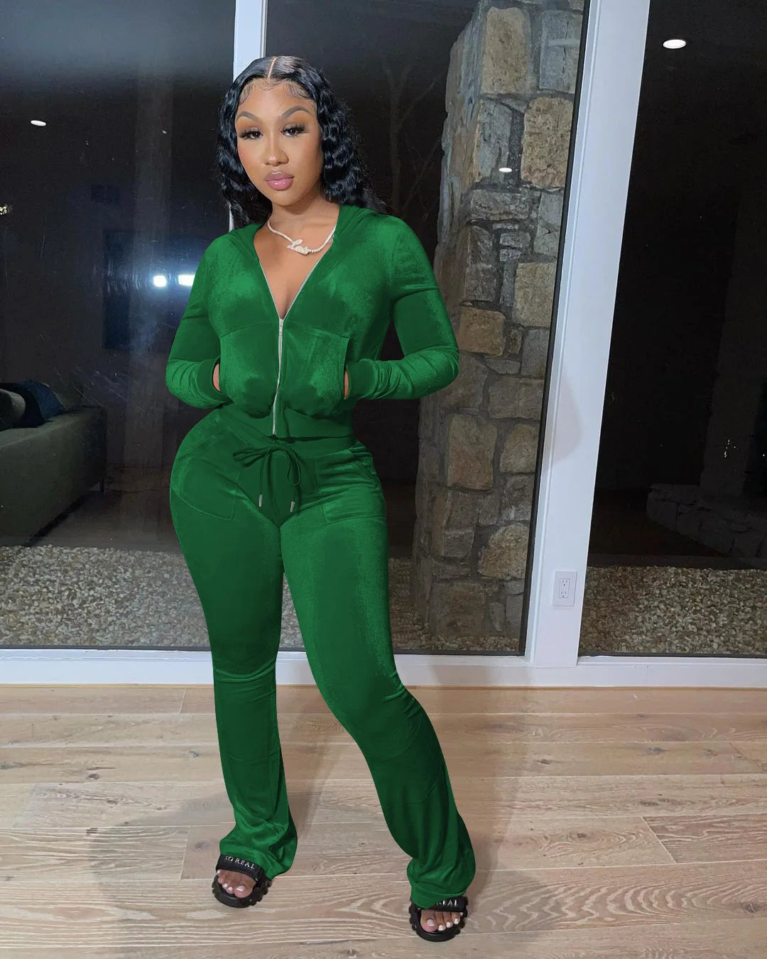 Hooded Zip Top And High Waist Pants Outfit Set for Women