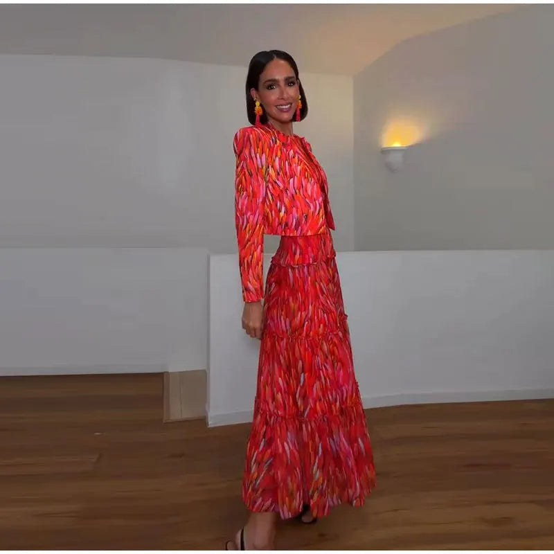 Printed Halter Neck Maxi Dress and Cropped Jacket Set for Women