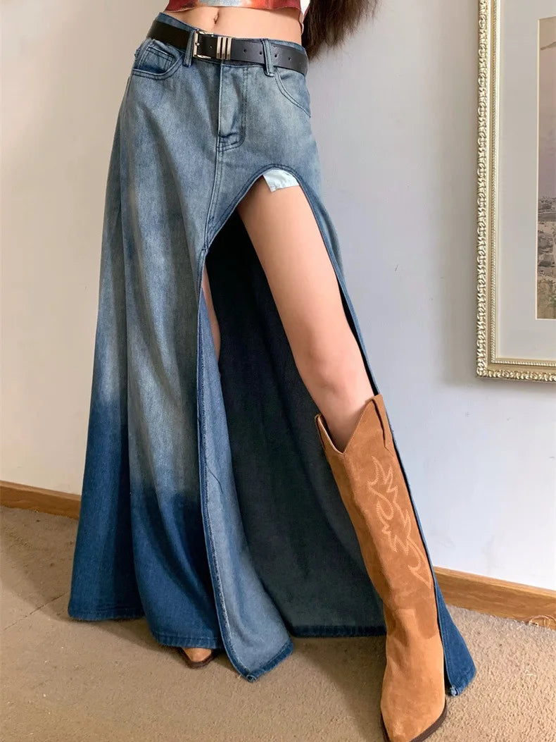 Gradient Wash High Waist Split Denim Long Skirt for Women