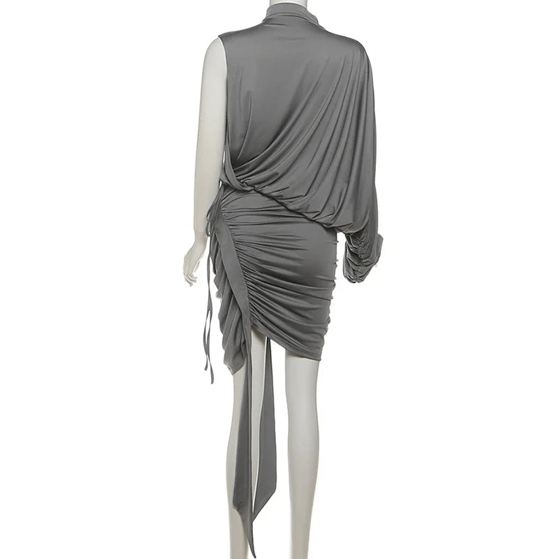 Asymmetrical Ruched One Shoulder Turtleneck Top Two Piece Set for Women