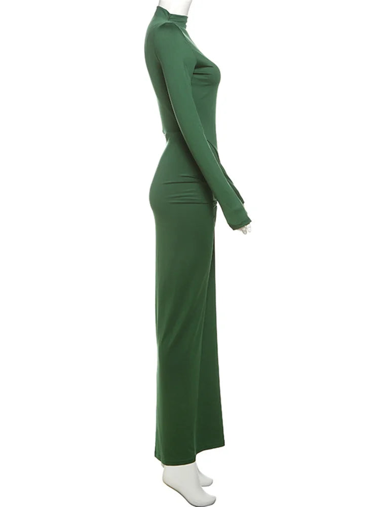 Shirred High Neck Long Sleeve Maxi Dress for Women