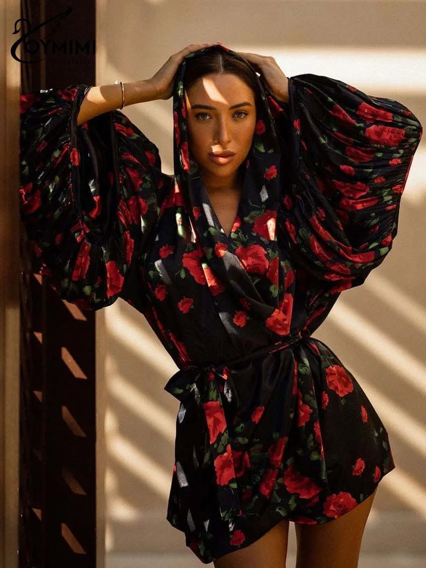 Oymimi Fashion Black Print Dresses 2025 Woman Elegant Deep V-Neck Lantern Sleeve Lace-Up Dresses Casual Loose Mini Dress Female