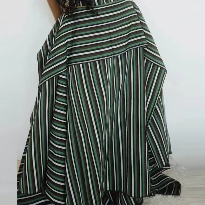Striped Vacation Halter Backless Top and Half Skirt Set for Women
