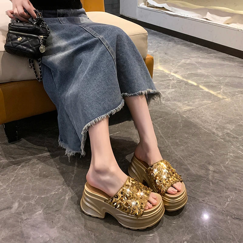 Metallic Sequined Platform Wedge Sandals for Women