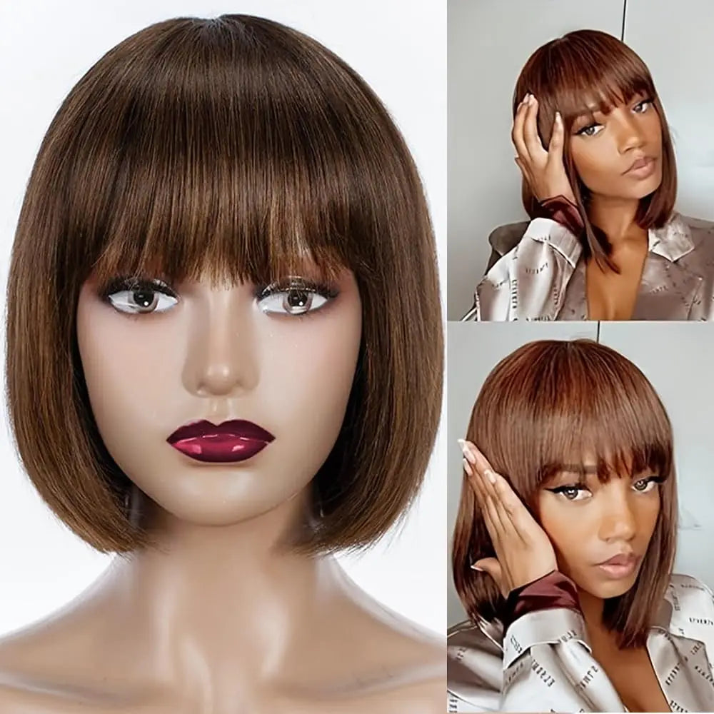 Human Hair Short Bob Wigs With Bangs Straight Hair Fringe Bob Wig for Women #4 Chocolate Brown #99j Dark Red Full Machine Wigs