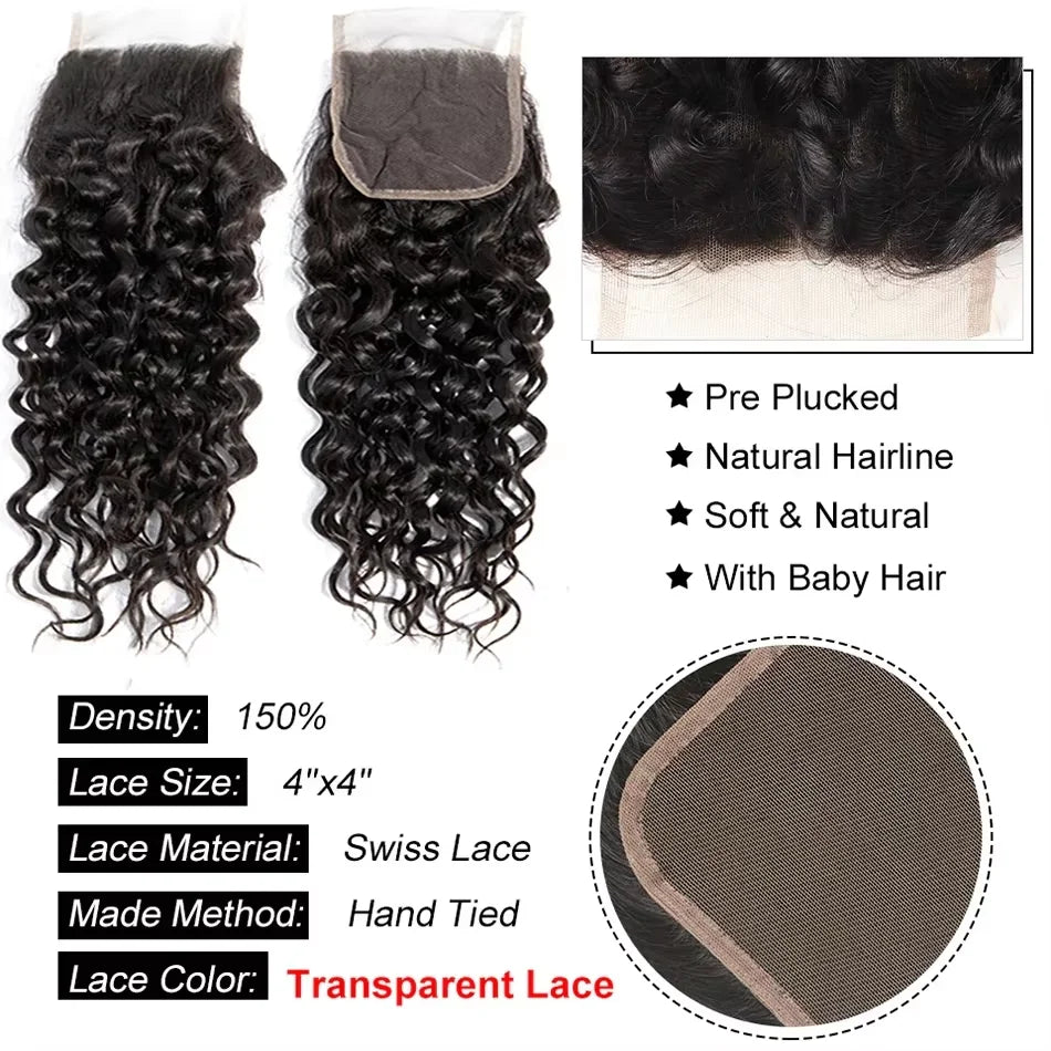 Water Wave Human Hair Bundles With Lace Closure for Women