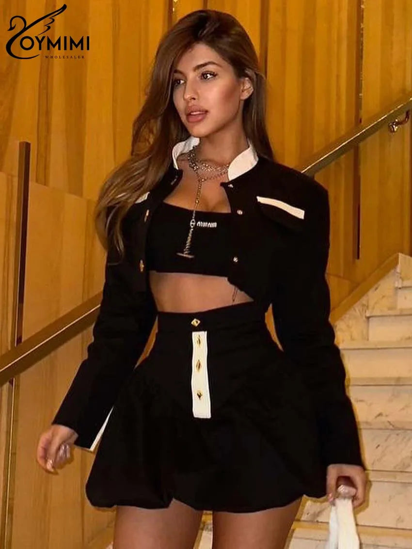 Oymimi Fashion Black Patchwork Two Piece Set For Women Casual Long Sleeve Button Pockets Crop Shirts + High Waist Mini Skirt Set