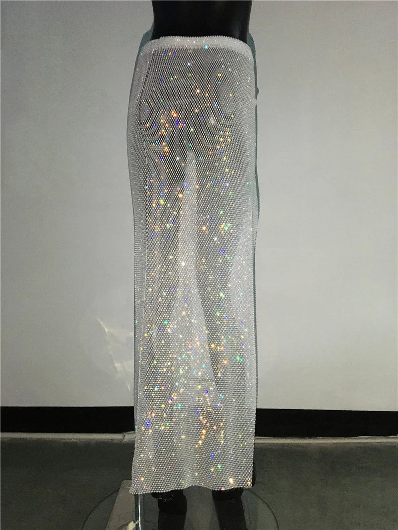 Glitter Rhinestone Long Fishnet Split Skirt for Women