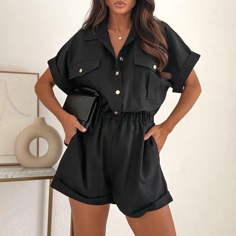 Vintage Solid Waist Button Front with Pockets Jumpsuit for Women