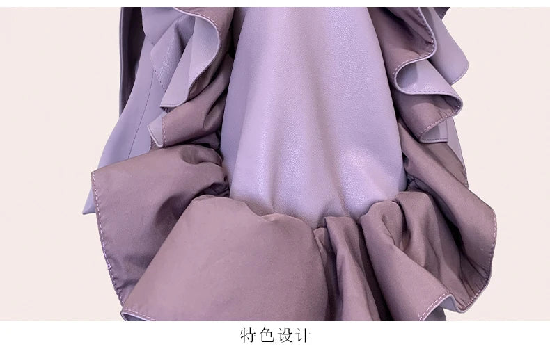 Long Purple Faux Leather Trench Coat With Ruffled Collar For Women
