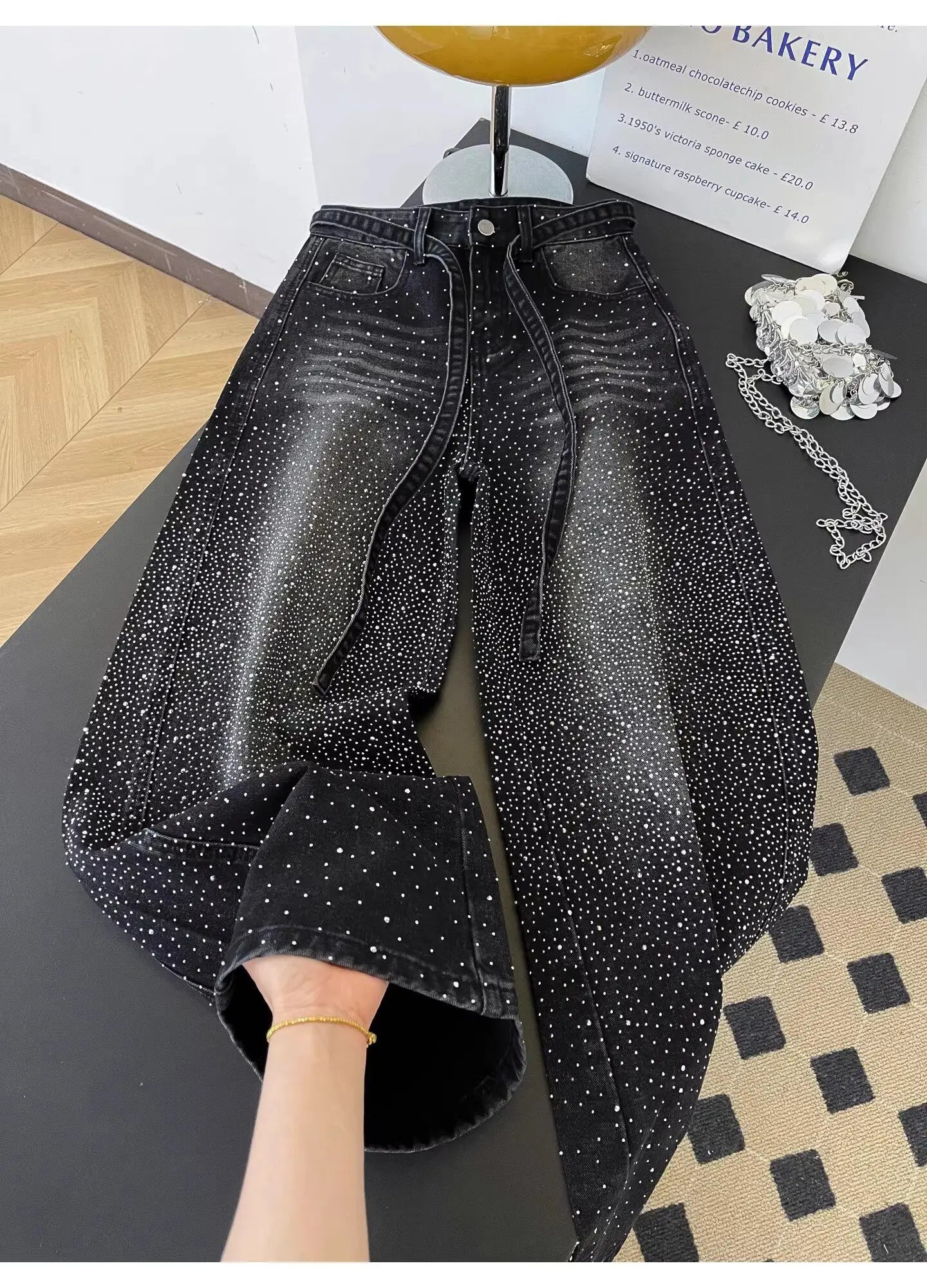 Glittering Rhinestone Wide Leg Denim Pants for Women