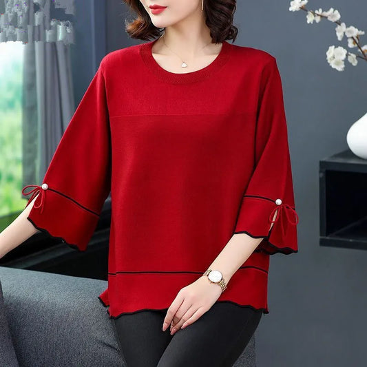6XL Mom Large Summer New Ice Silk Shirt 3/4 Sleeves Round necked T-shirt Knit Sweater Loose Top For Wearing Outwear Top Black
