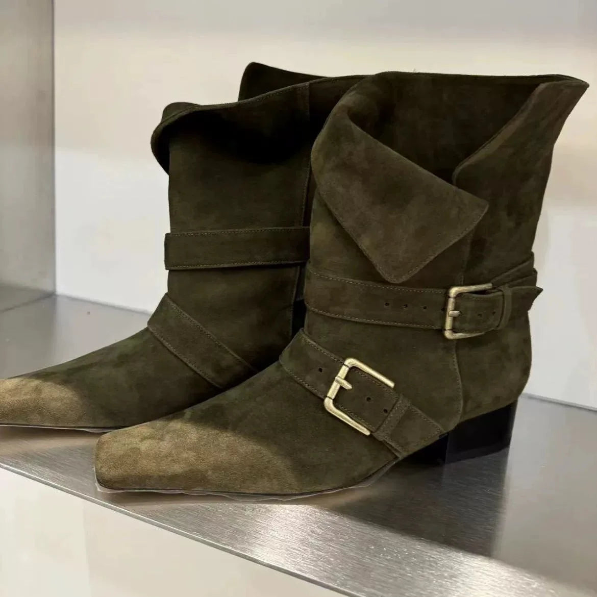Vintage Suede Square Heel Boots