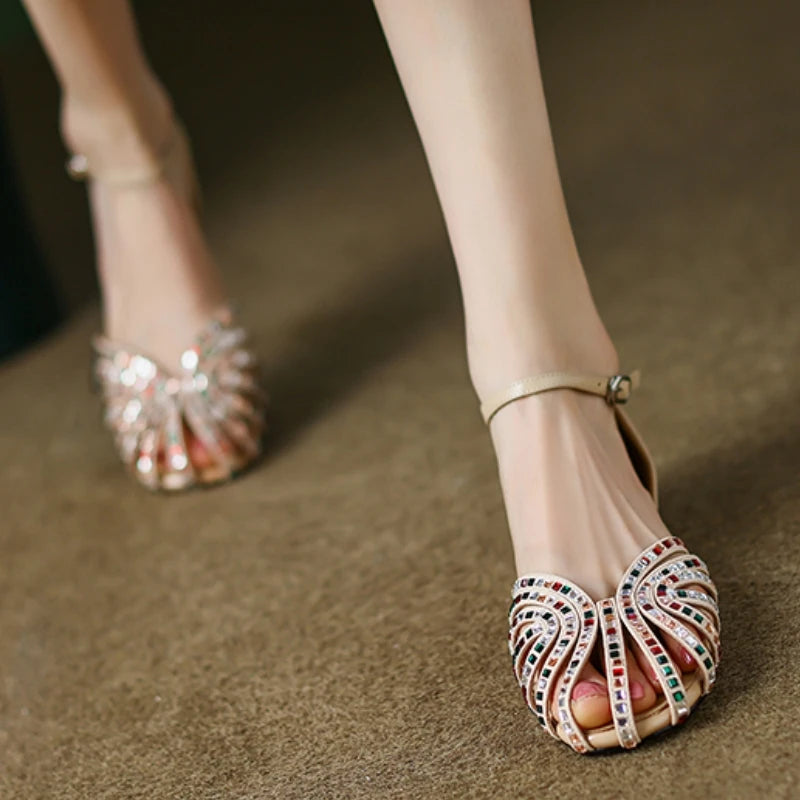 Apricot Leather Square Heel Sandals