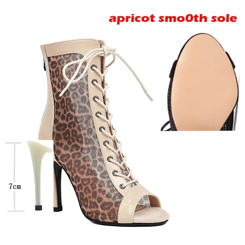 Leopard Print Latin Dance Heeled Ankle Boots for Women