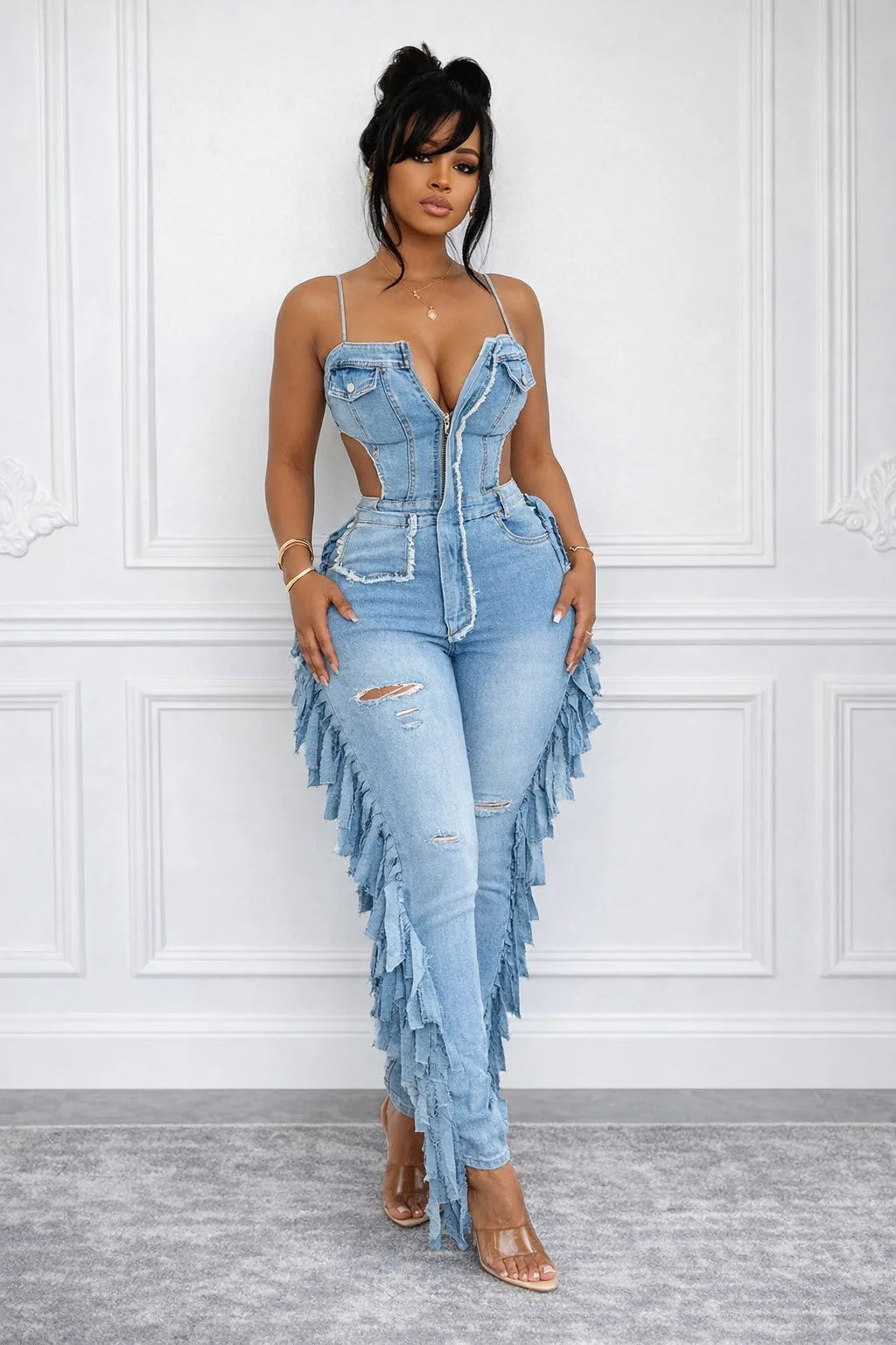 Elegant Strapless Denim Jumpsuit With Tassel Accents For Women